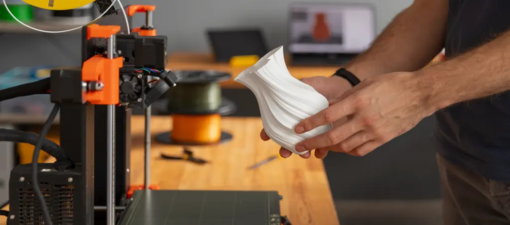 Élément blanc fini imprimé en 3D sur une table d'atelier – Impression 3D