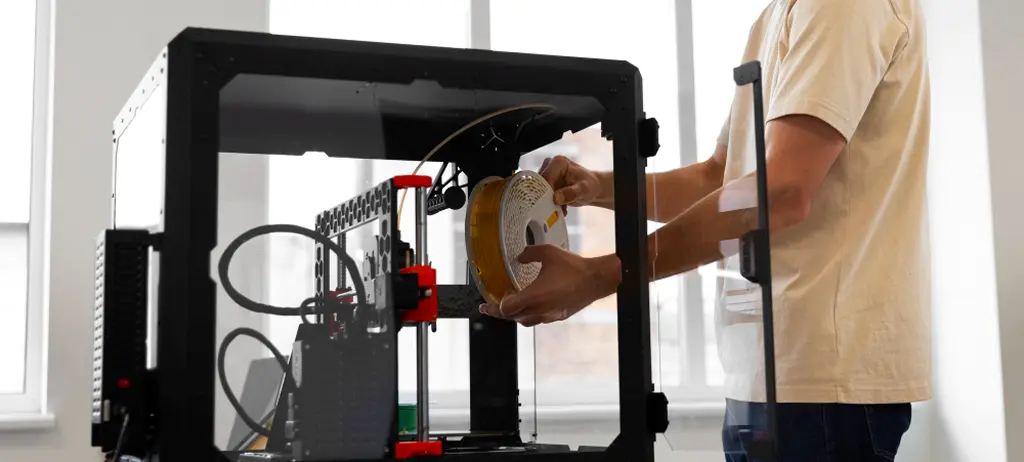 Impression 3D – produit fini : modèle blanc ajouré imprimé en 3D, à côté gros plan sur le processus d'assemblage et de finition (homme changeant le filament dans l'imprimante), symbolisant la réalisation complète du projet, de l'idée au produit fini.