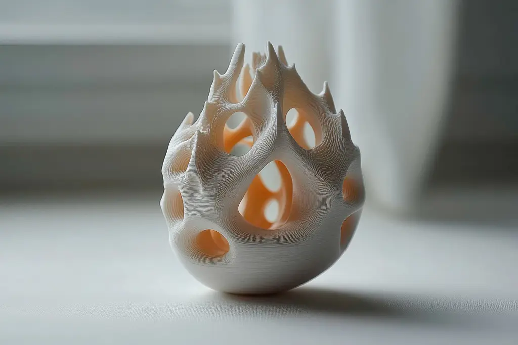 Impression 3D – gros plan sur un modèle 3D blanc unique, à la structure organique ajourée, illustrant la précision et les possibilités de l'impression 3D.